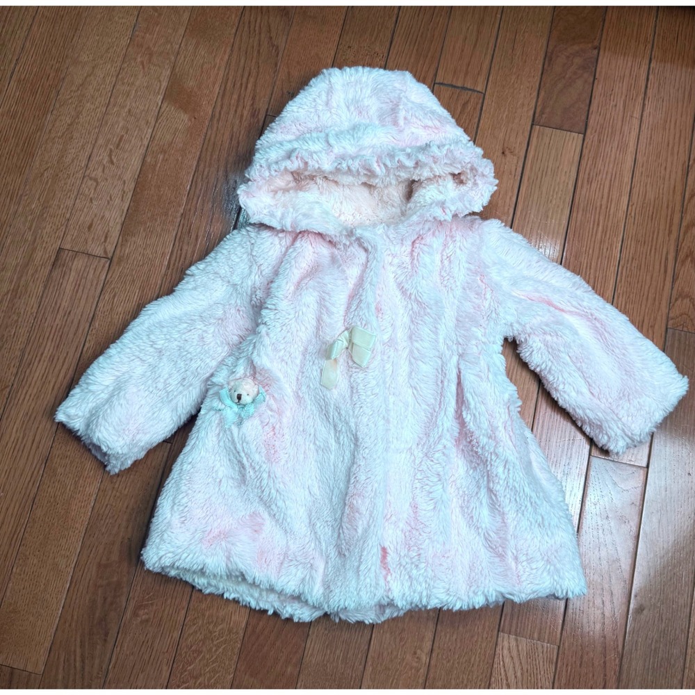 American Widgeon Girls Pink‎ Faux Fur Hooded Coat Teddy Bear Bow 18M 3507 SMA
